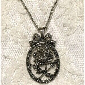 Vintage Floral Pendant Chain Necklace Silver Tone 24" Spring Garden jewelry